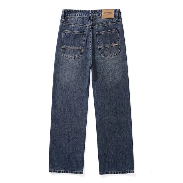 雅鹿 复古阔腿百搭宽松水洗休闲中腰耐磨牛仔裤 男款 深海蓝