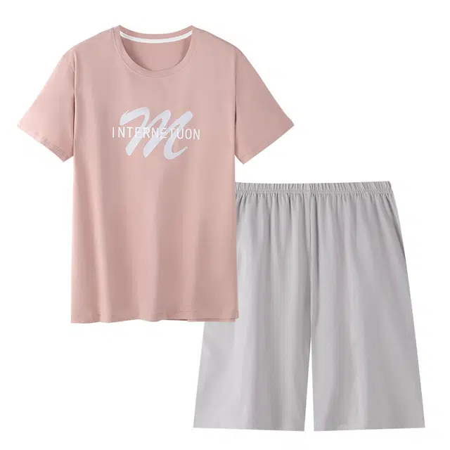 歌倩雅 字母印花圆领套头短袖上衣松紧腰五分裤可外穿舒适亲肤睡衣套装 男款 浅粉色