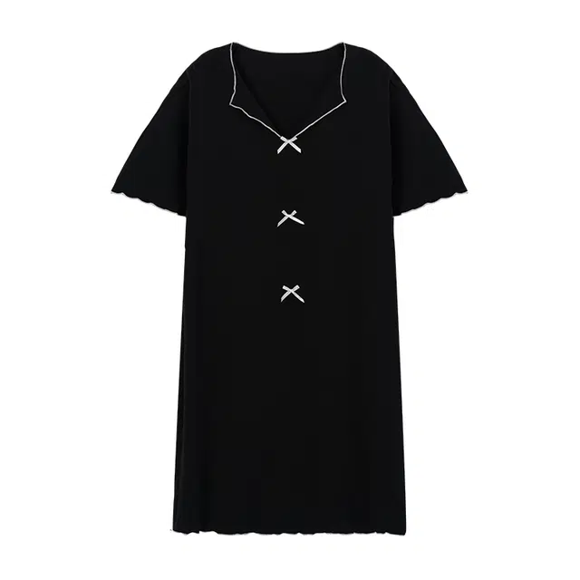 欧诗帛 薄款可外穿带胸垫纯色短袖睡裙 女款 黑色