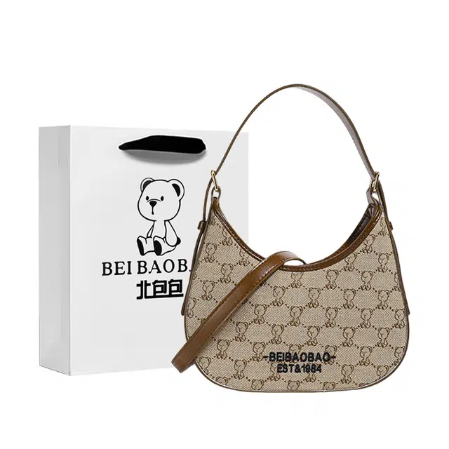 北包包 小众卡通可爱小熊设计休闲简约时尚百搭高颜值 布 单肩包 常规 女款 米白色/卡其色