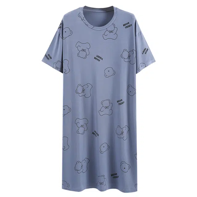 莫代尔 时尚甜美卡通满印亲肤韩版短袖睡裙 女款 藏青色