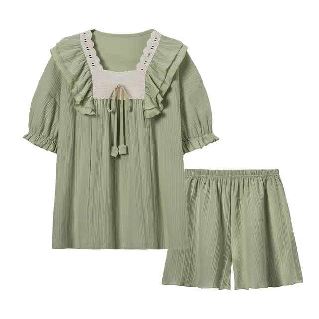 欧诗帛 带胸垫亲肤纯色休闲短袖三分裤睡衣套装 女款 绿色