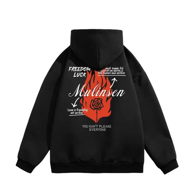 木林森 美式复古高街热火玫瑰字母印花休闲宽松舒适百搭落肩连帽卫衣 男女同款