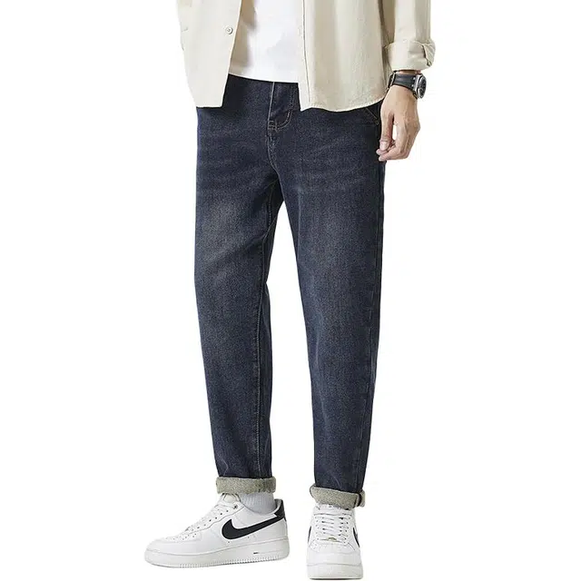 雅鹿 美式纯色做旧中腰拉链修身锥形垂感百搭休闲水洗耐磨牛仔裤 男款 蓝色