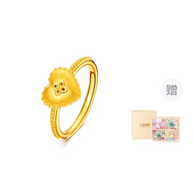 六福珠宝 丝绸金爱心开口可调节 足金 按克计价 黄金戒指 女款 赠七彩首饰盒