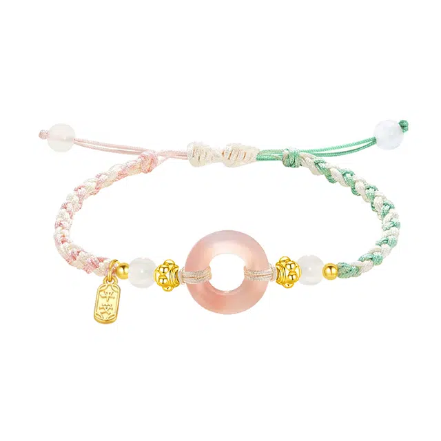 周百福 转运平安扣 本命年新中式文玩平安喜乐如意平安五彩绳 本命年手工编织手绳可调节 玉髓 玉石手链 男女同款情侣款