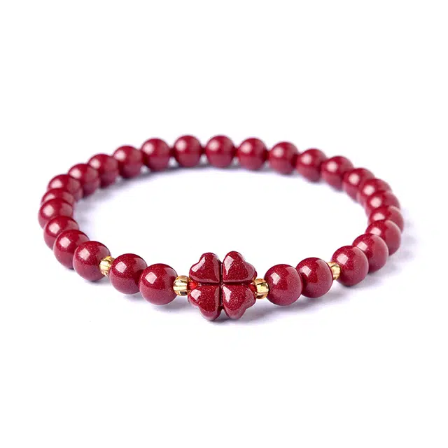 灵菲 幸运四叶草 本命年平安佛珠转运 珠子文玩盘玩新中式国潮 再造辰砂朱砂 手串 女款 礼盒