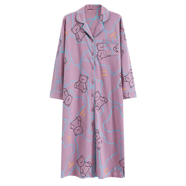 俏霓桐 亲肤舒适中长款开衫休闲带胸垫柔软长袖睡裙 女款 图色