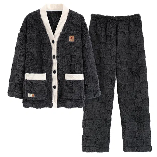 莫代尔 加厚舒软保暖亲肤开衫长袖长裤不勒腹可居家休闲可外穿睡衣套装 女款 黑色