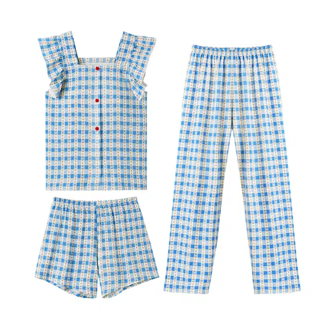 欧诗帛 薄款带胸垫吊带三分裤长裤可外穿睡衣套装 女款 蓝色