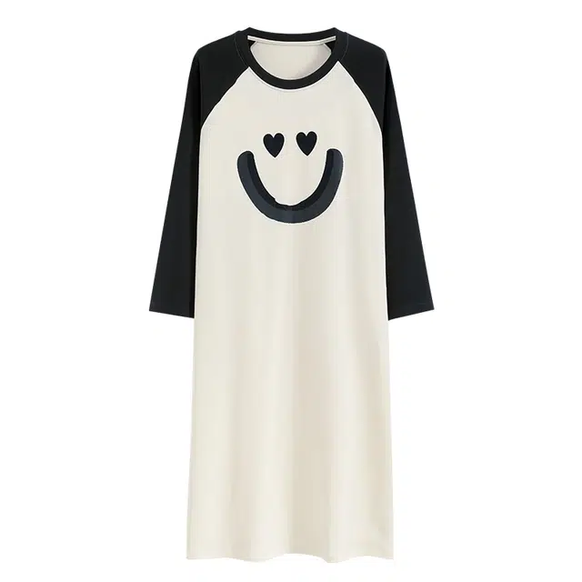 俏霓桐 卡通笑脸简约舒适自带胸垫防凸点中长款长袖睡裙 女款 图片色