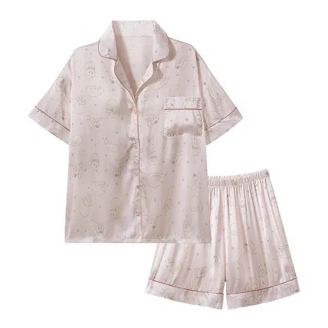 欧诗帛 冰丝薄款可出门带胸垫短袖三分裤睡衣套装 女款 浅粉色