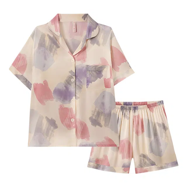 欧诗帛 带胸垫凉感休闲短袖三分裤睡衣套装 女款 图色