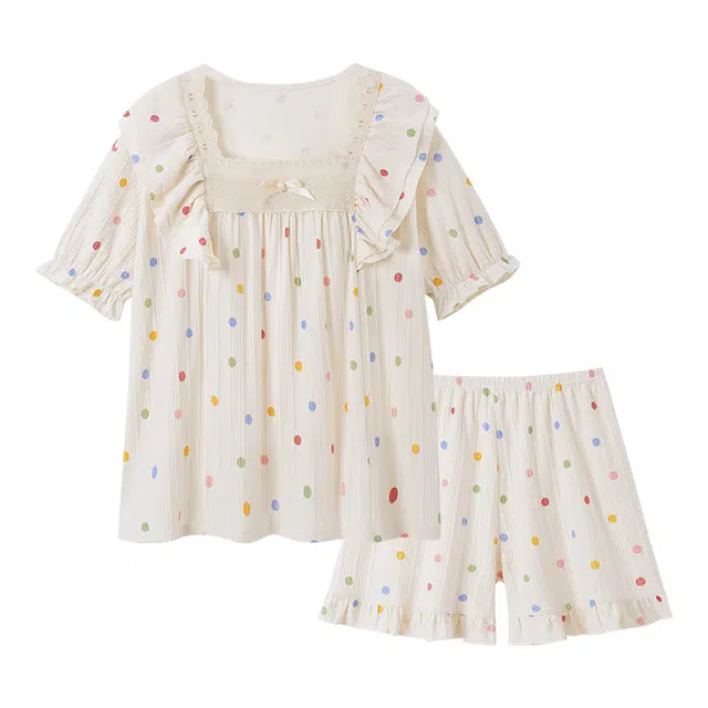 欧诗帛 可外穿带胸垫薄款舒适短袖三分裤睡衣套装 女款 图色