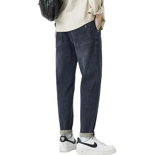 雅鹿 美式纯色做旧中腰拉链修身锥形垂感百搭休闲水洗耐磨牛仔裤 男款 蓝色