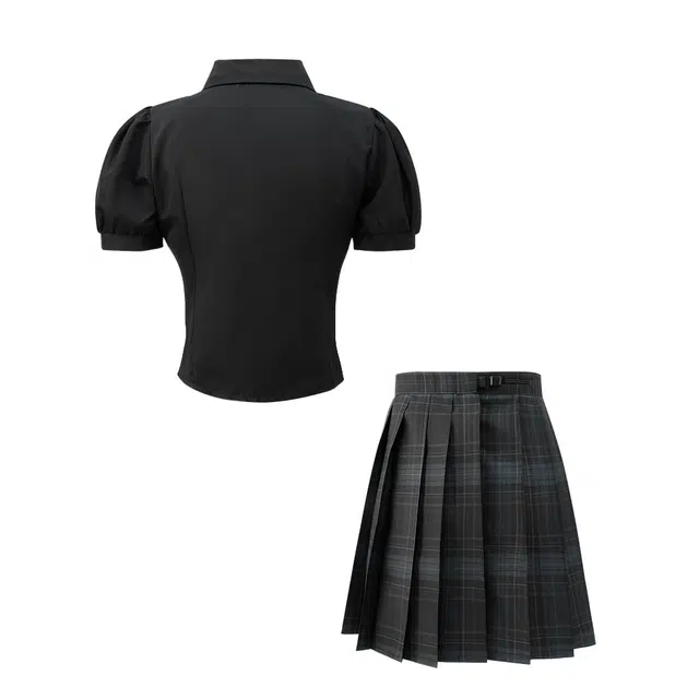 花山家的猫 学院风纯色尖领泡泡短袖上衣中腰百褶短裙制服 女款 两件套