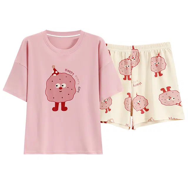 莫代尔 薄款舒适亲肤抗菌卡通家居服睡衣套装 女款 藕色