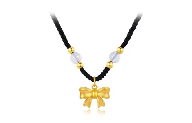 尚银福 在逃公主 国风轻奢简约浪漫光面蝴蝶结圆珠吊坠编织黑绳锁骨链  织物 项链 女款