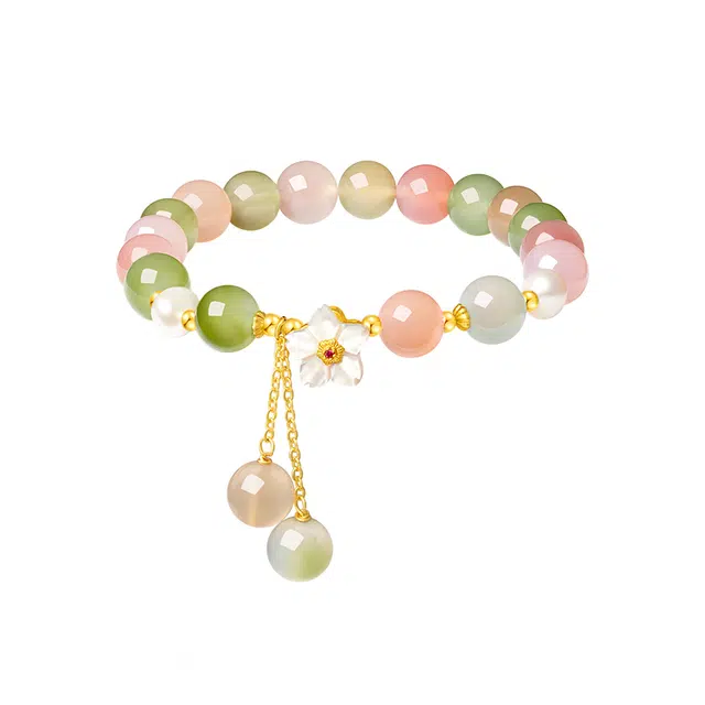 周大生 春色如许银镶玉花朵串珠链小众精致手饰 玛瑙 手串 女款