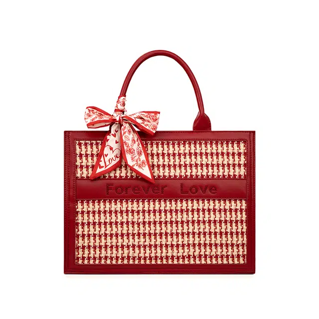 维尼奥 高级感经典千鸟格大容量时尚百搭休闲气质实用新娘结婚包大气妈妈包 合成革 手提包单肩包 常规 女款 红色