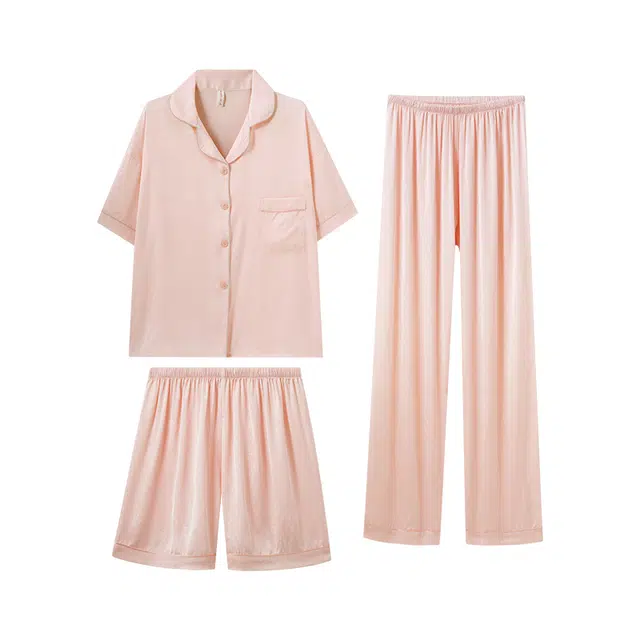 欧诗帛 凉感简约亲肤舒适翻领开衫短袖休闲可外穿三分裤长裤睡衣套装 女款 粉色