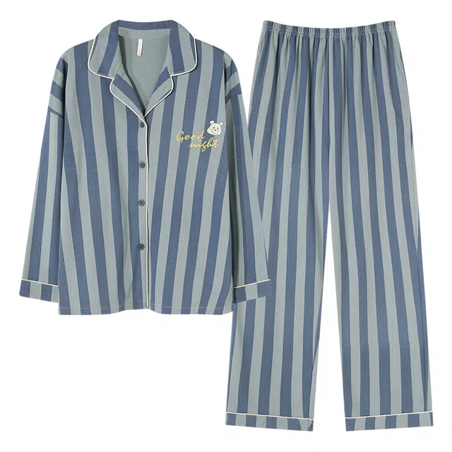 俏霓桐 简约亲肤舒适柔软长袖开衫休闲长裤睡衣套装 女款 蓝色