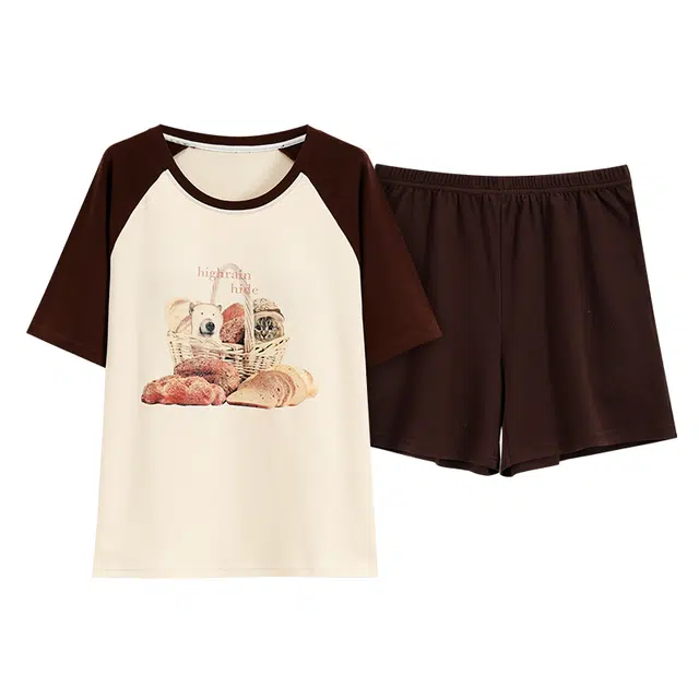 莫代尔 薄款抗菌带胸垫防凸点短袖三分裤简约卡通家居服可外穿睡衣套装 女款 杏色