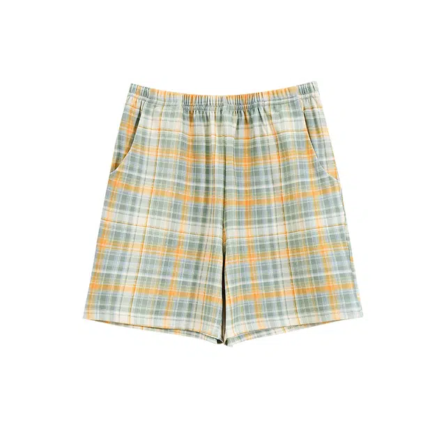 莫代尔 简约休闲舒适抗菌防螨韩版格仔可外穿三分裤睡裤 女款 浅绿色