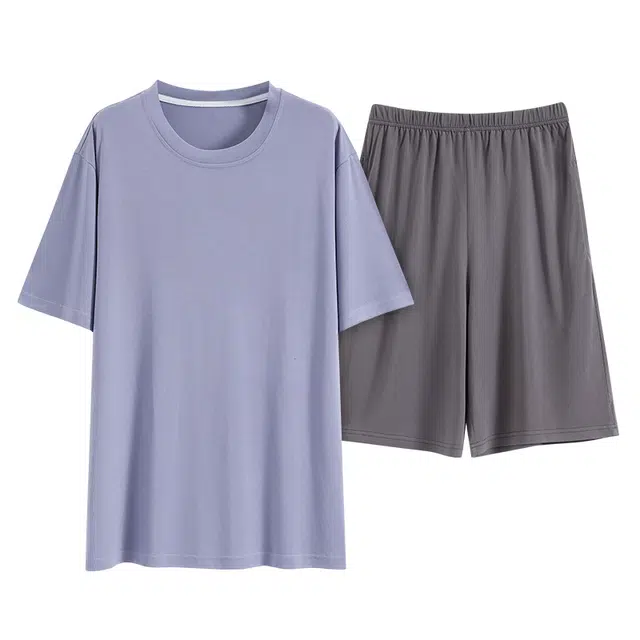 睦隆世家 舒适冰感亲肤短袖透气弹力腰头可居家可外穿睡衣套装 男款 浅紫色