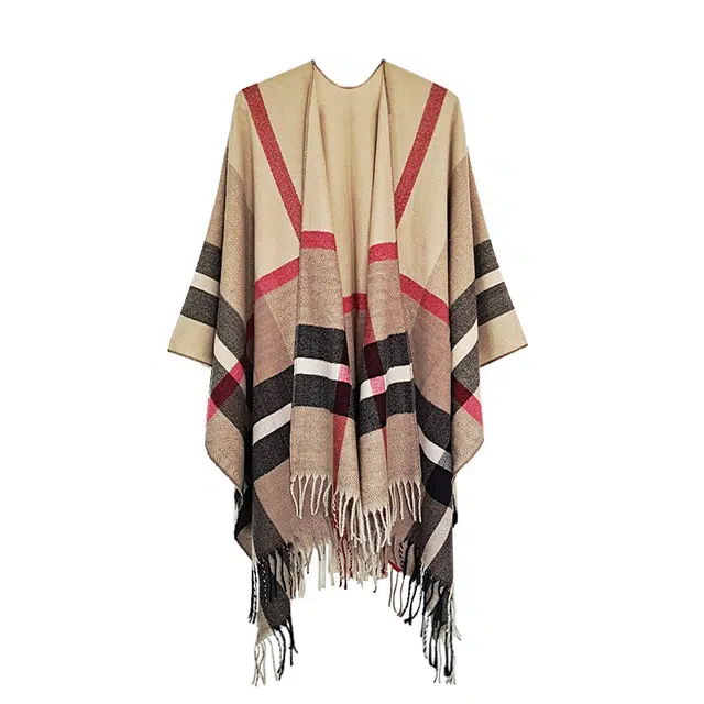 木林森 复古格纹民族风流苏西藏新疆旅游拍照外搭高级感几何线条斗篷披风 腈纶 披肩 男女同款情侣款