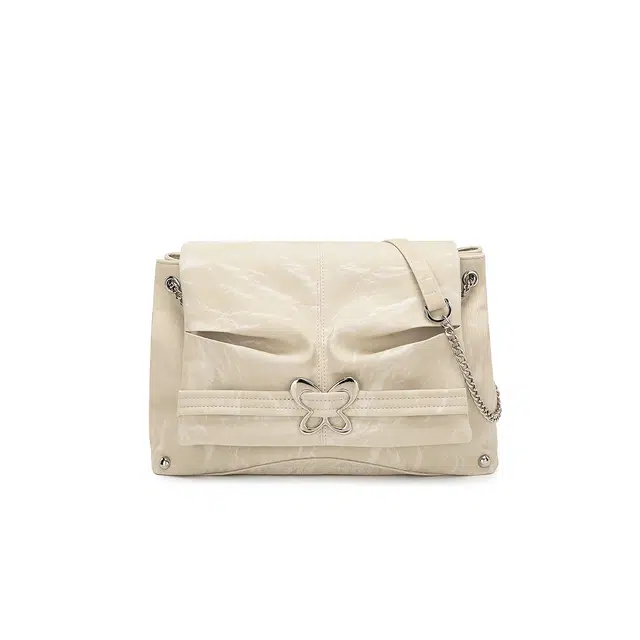 稻草人 小众设计蝴蝶扣 磁扣开合 可调节链条肩带 聚氨酯革 小方包斜挎包单肩包 中号 女款 灰蓝/浅杏色