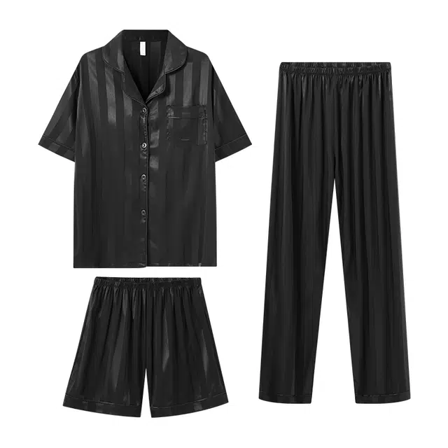 欧诗帛 简约亲肤舒适带胸垫开衫短袖可外穿休闲三分裤长裤睡衣套装 女款 黑色