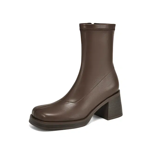 时尚复古小众弹力厚底方头漆皮粗跟显瘦 短靴 女款