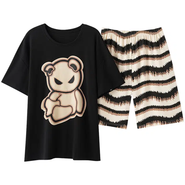 莫代尔 经典时尚亲肤透气舒适短袖五分裤韩版卡通家居服睡衣套装 男款 花色