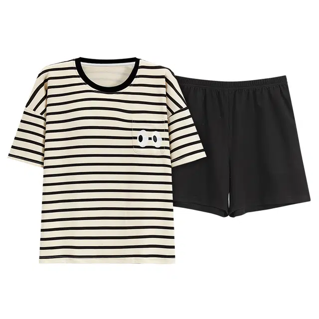 莫代尔 薄款抗菌防螨带胸垫防凸点条纹可外穿简约休闲睡衣套装 女款 杏色