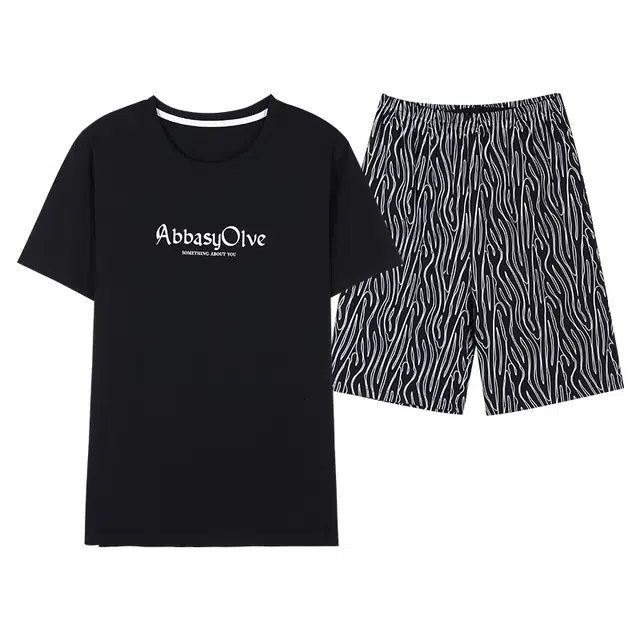 歌倩雅 纯色舒适透气短袖五分裤睡衣套装 男款 黑色