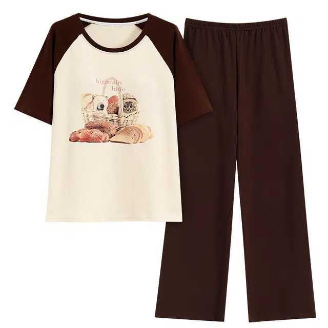 莫代尔 薄款带胸垫防凸点短袖简约卡通家居服可外穿长裤睡衣套装 女款 杏色