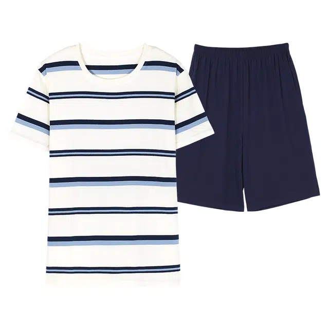 歌倩雅 圆领短袖透气吸湿排汗家居服睡衣套装 男款 条纹