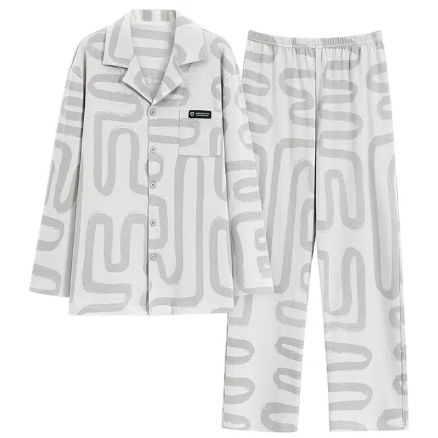 莫代尔 舒适亲肤抗菌时尚韩版满印翻领长袖长裤家居服睡衣套装 男款 浅灰色