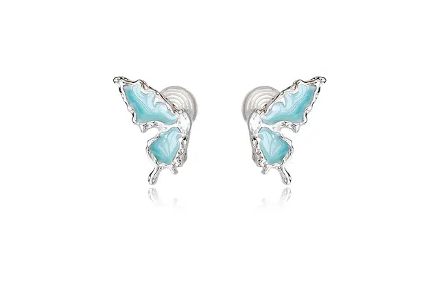 尚银福 雾霾蓝蝴蝶 法式氛围感温柔唯美梦幻仙气甜酷辣妹不对称灵动翩翩蝶舞简约轻奢无耳洞耳饰 合金 耳夹 女款