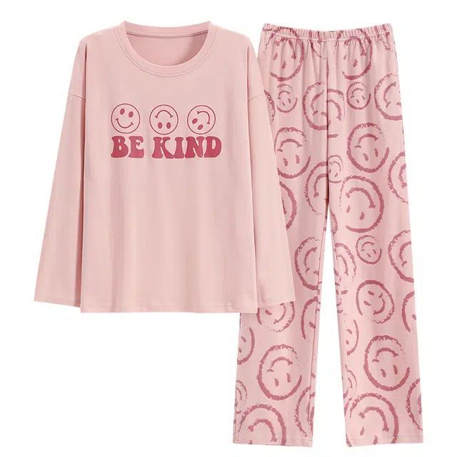 莫代尔 舒适亲肤带胸垫防凸点圆领长袖卡通满印长裤时尚家居服简约睡衣套装 女款 粉色