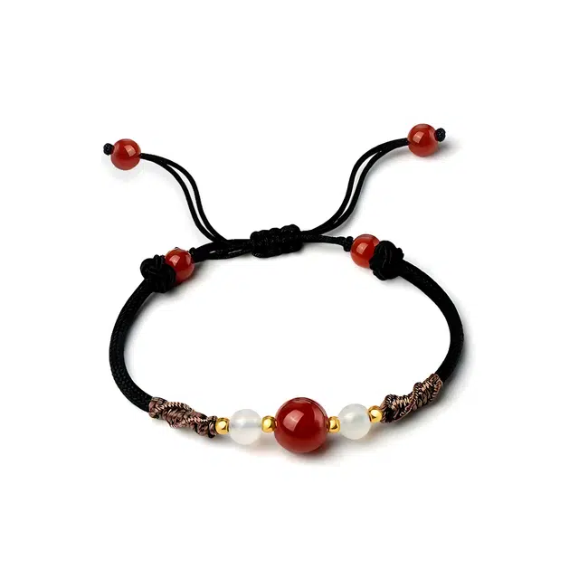 饰伴 龙年新中式复古国潮风平安扣转运环 气质创意小众设计平安扣圆珠可调节编织 玛瑙 手链 男女同款情侣款