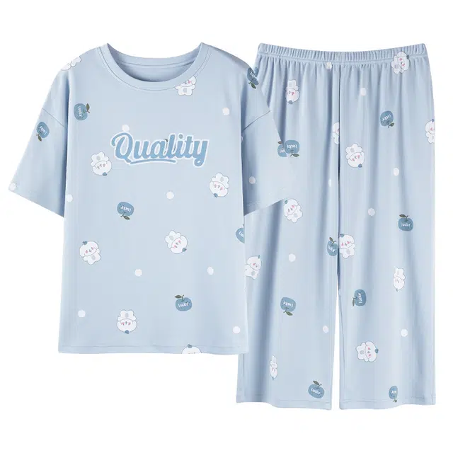 莫代尔 薄款舒适亲肤短袖七分裤韩版甜美时尚家居服睡衣套装 女款 浅蓝色