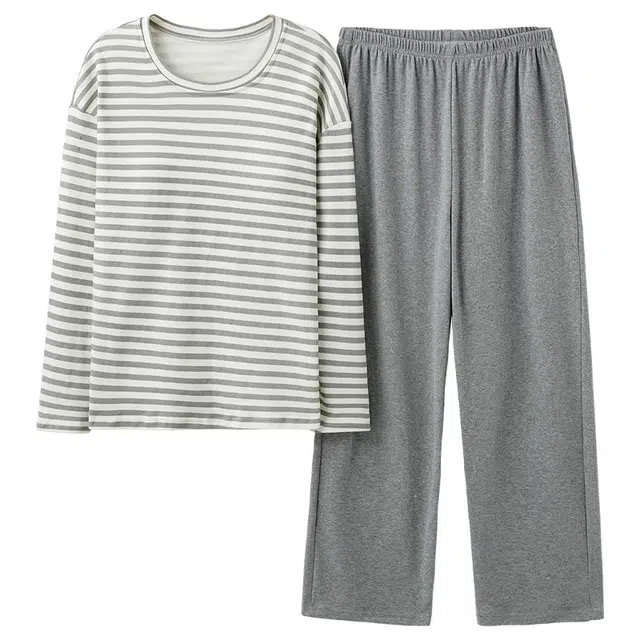 浪莎 韩版时尚柔软亲肤吸湿透气长袖可外穿休闲长裤睡衣套装 女款 灰白