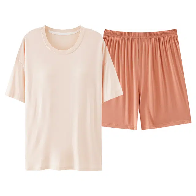 莫代尔 薄款浅色系防凸点带胸垫短袖五分裤时尚可外穿睡衣套装 女款 花色