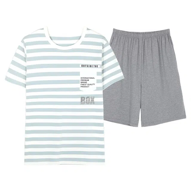 歌倩雅 短袖圆领套头舒适亲肤柔软睡衣套装 男款 浅蓝