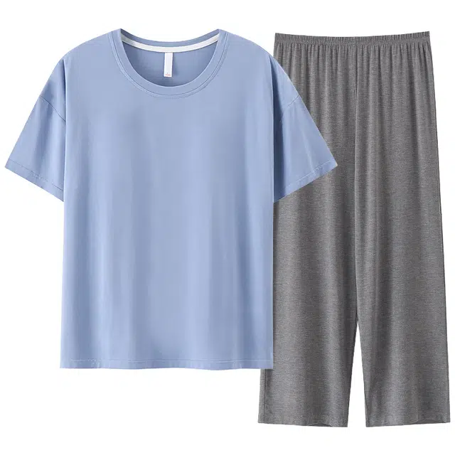 袋鼠 带胸垫防凸点短袖家居服可外穿七分裤睡衣套装 女款 天蓝色
