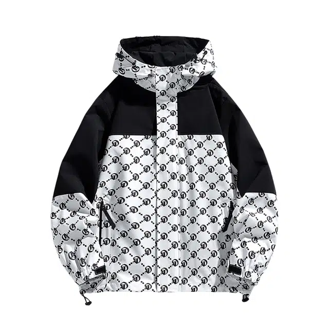 识恩 山系户外宽松休闲防风防水登山服满印图案美式潮牌拼接撞色字母印花无性别主义适中连帽夹克外套 男女同款