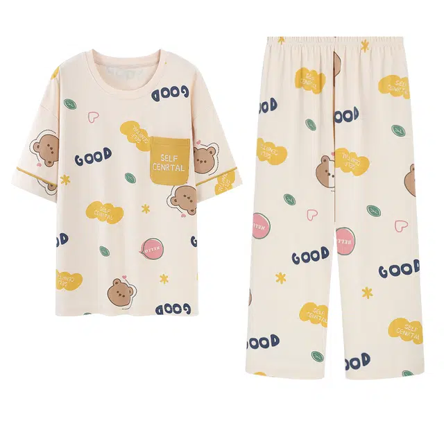 顶瓜瓜 纯棉印花家居服圆领短袖亲肤可外穿七分裤大码宽松空调房睡衣套装 女款 杏色