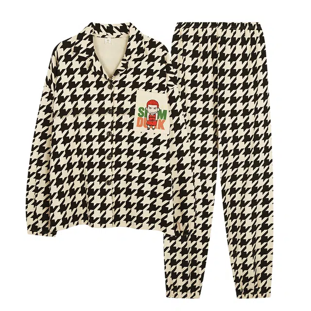 莫代尔 千鸟格满印翻领长袖家居服可外穿长裤睡衣套装 男款 杏色